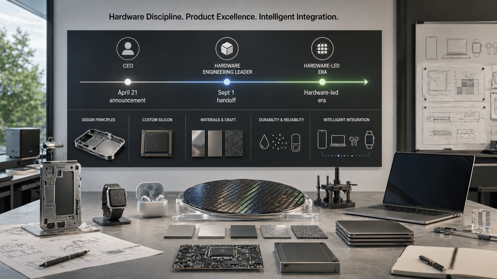 Hardware engineering lab showing leadership transition, hardware-led era, custom silicon, and product integration