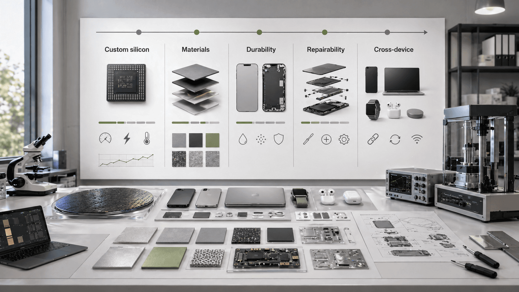 Hardware roadmap board showing custom silicon, materials, durability, repairability, and cross-device integration
