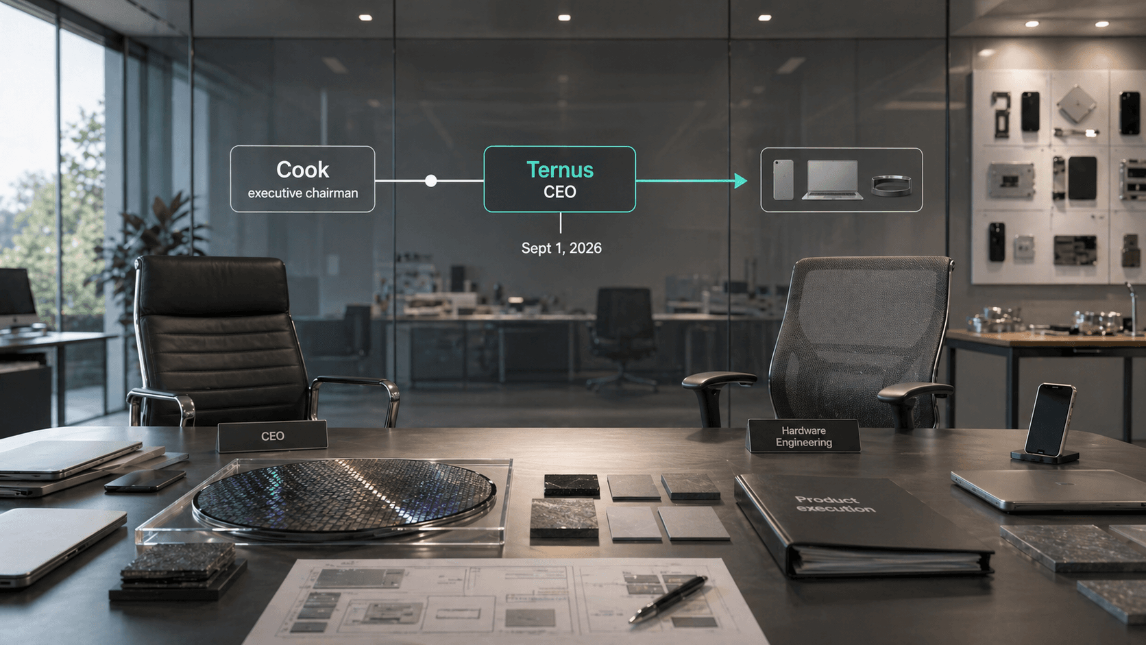 Leadership transition boardroom showing Cook executive chairman, Ternus CEO, and product execution