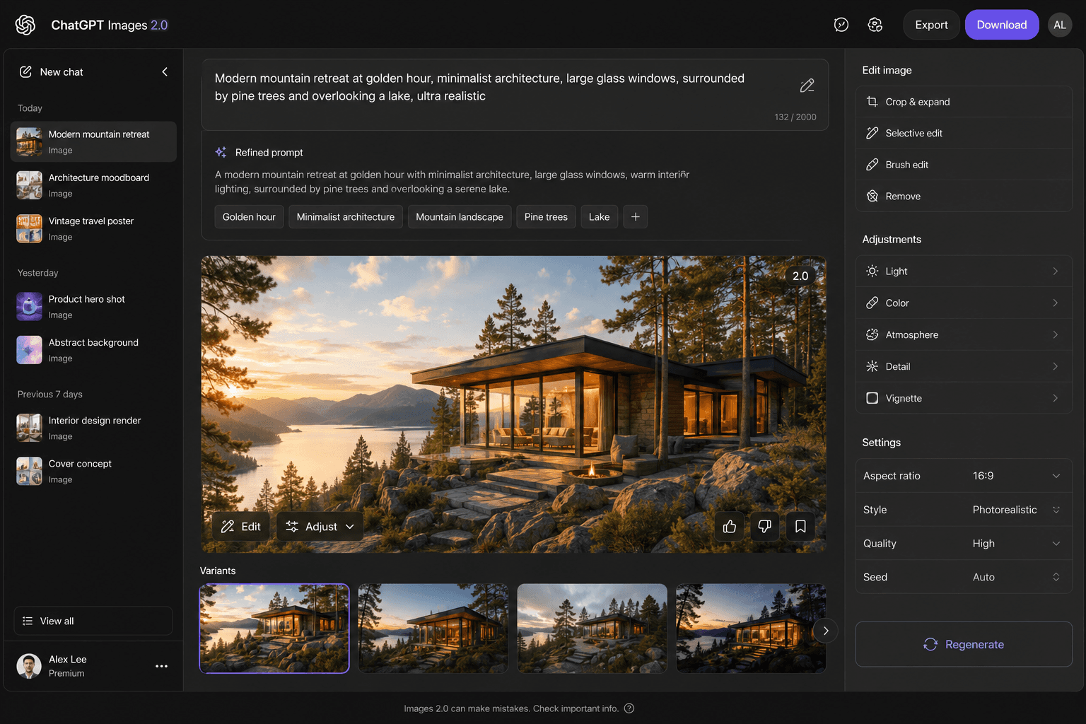 ChatGPT Images 2.0 image creation workspace with prompt and generated visual