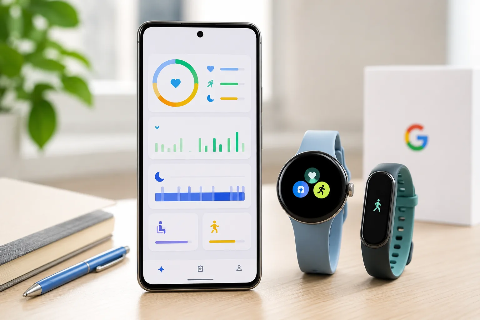 Google Health app dashboard beside Pixel Watch and Fitbit wearable with wellness charts