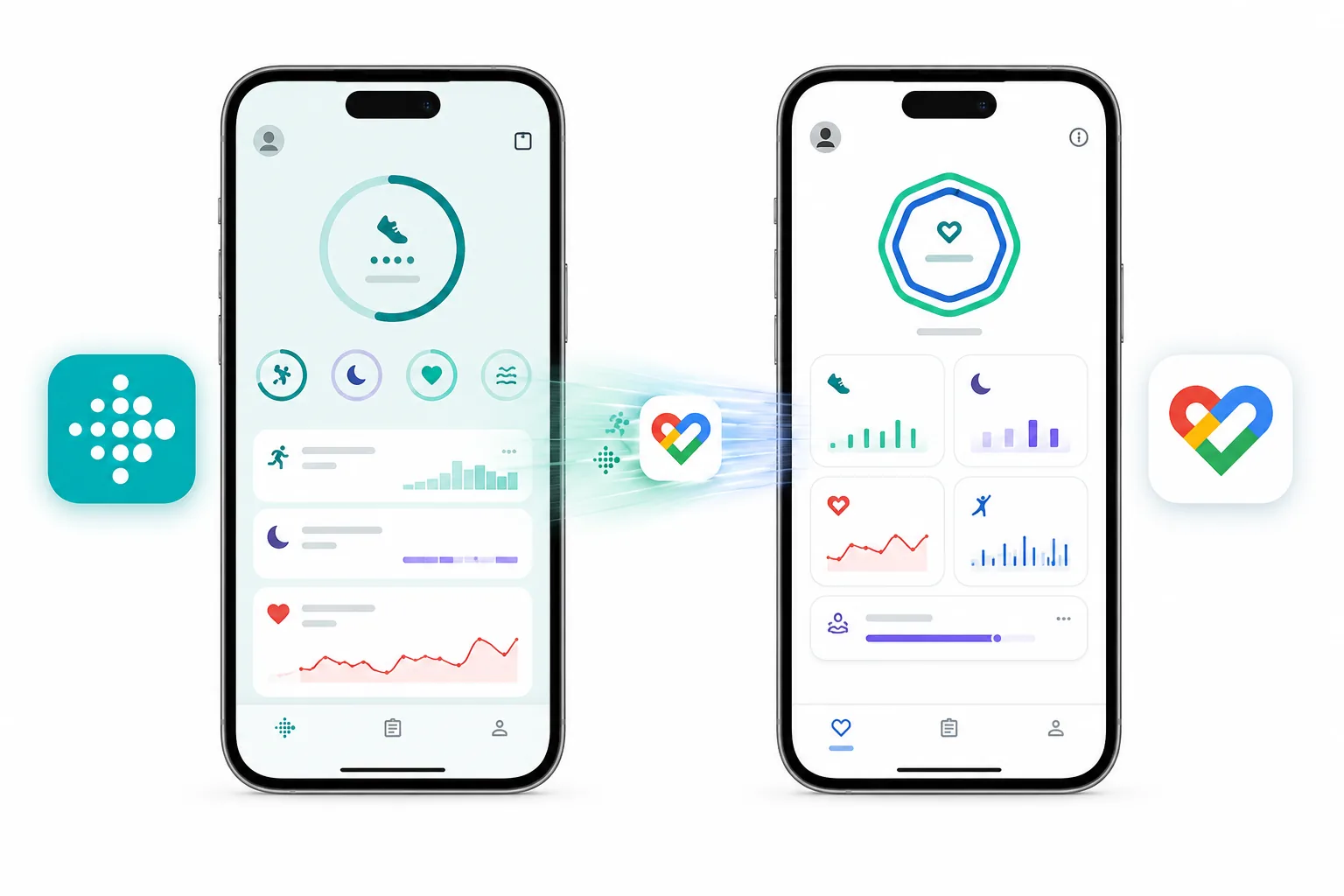 Google Health app dashboard on phone beside Fitbit and Pixel Watch devices