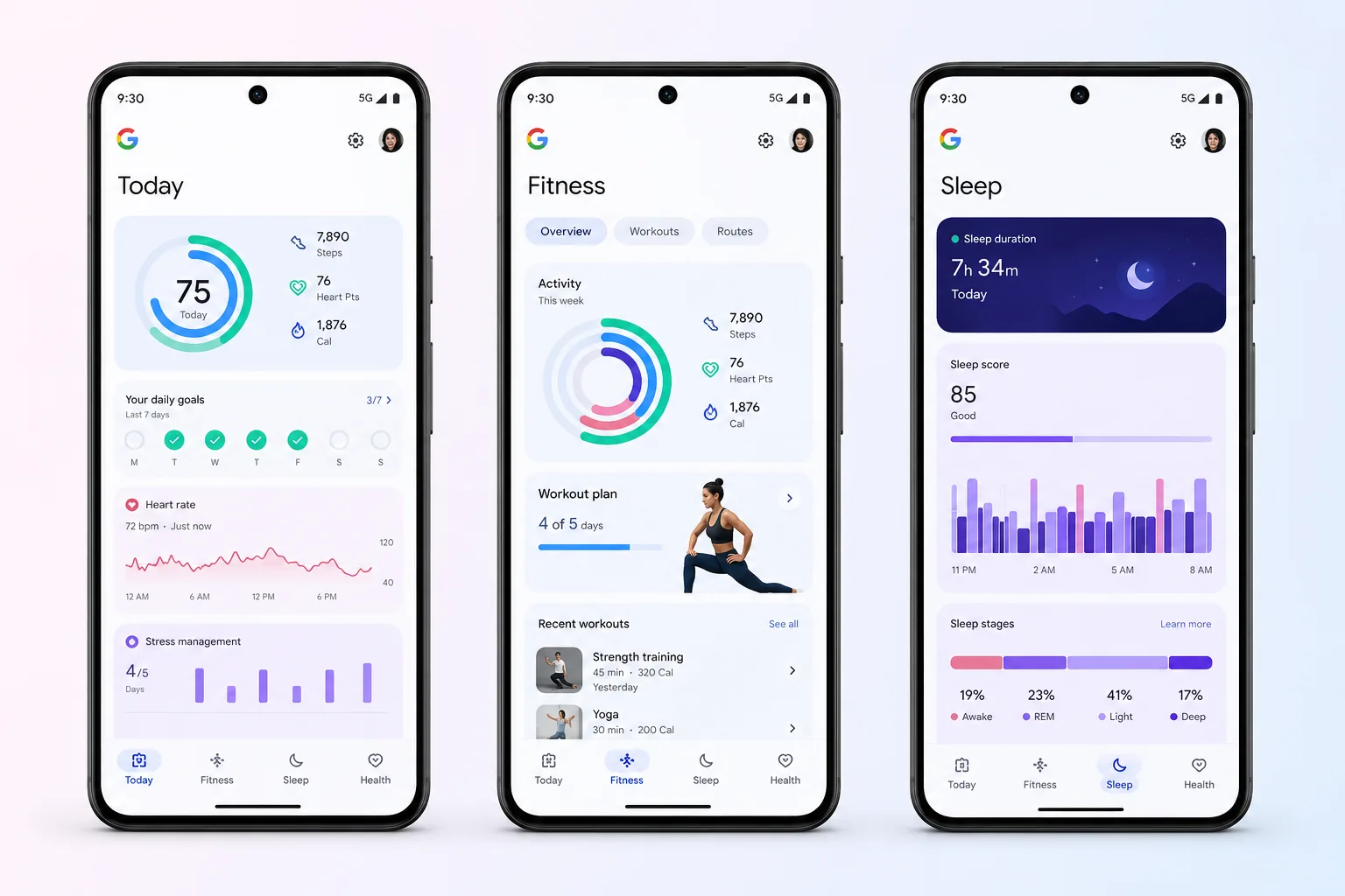 Google Health app four-tab layout with fitness, sleep, and health cards