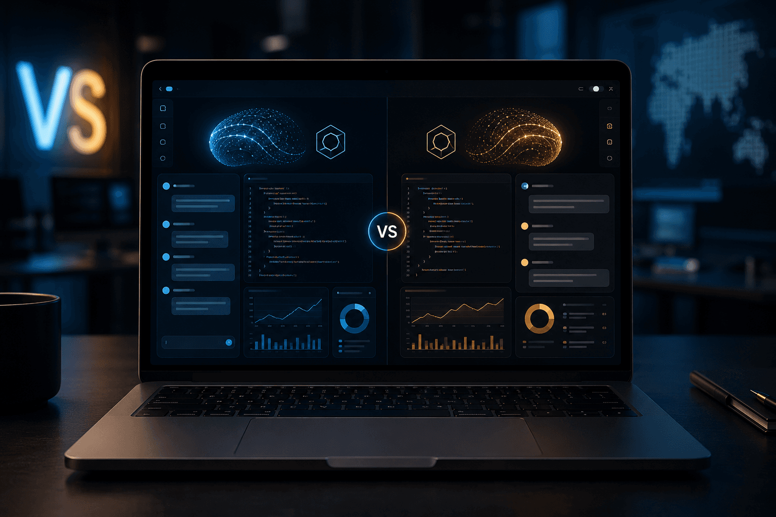 Split-screen GPT-5.5 and GPT-5.4 comparison workspace with chat, code, and analysis panels