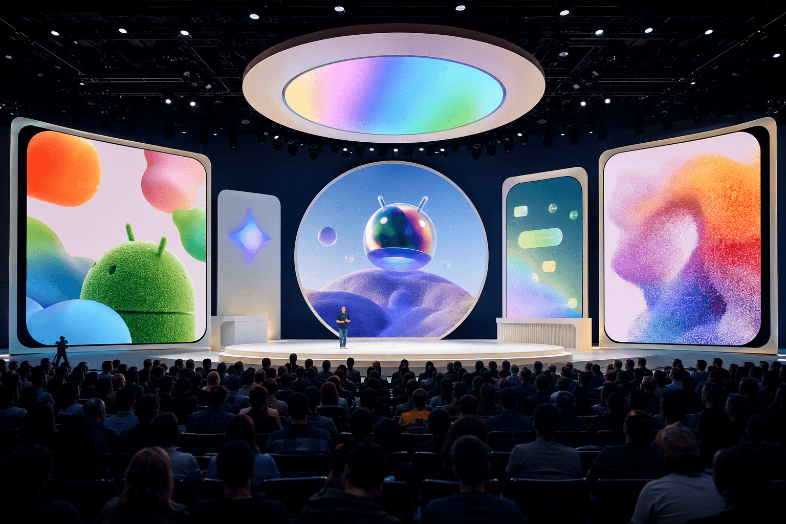 Futuristic Google I/O keynote stage with Android and Gemini announcement visuals