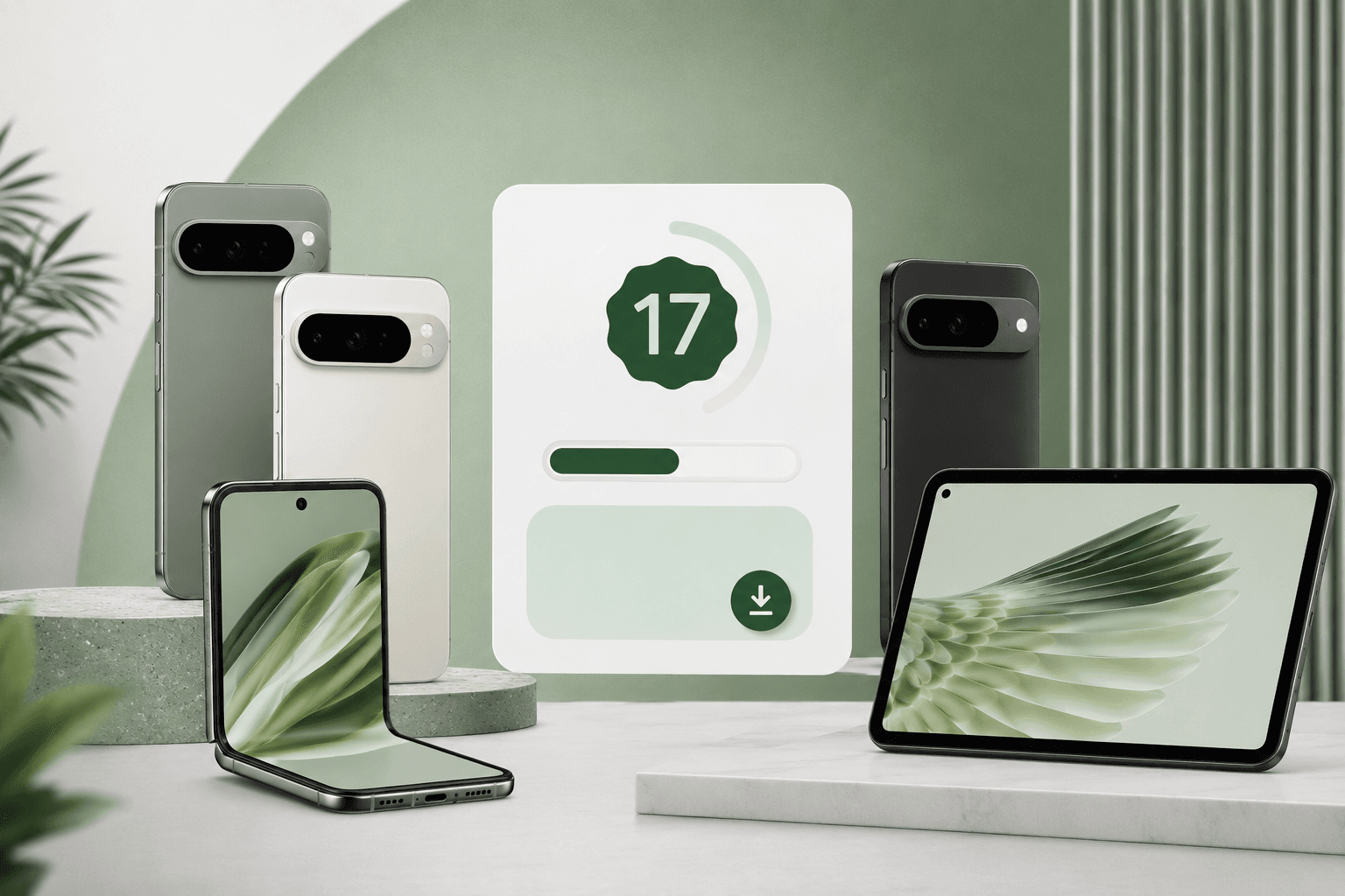 Pixel devices around an Android 17 QPR1 Beta 2 software update card