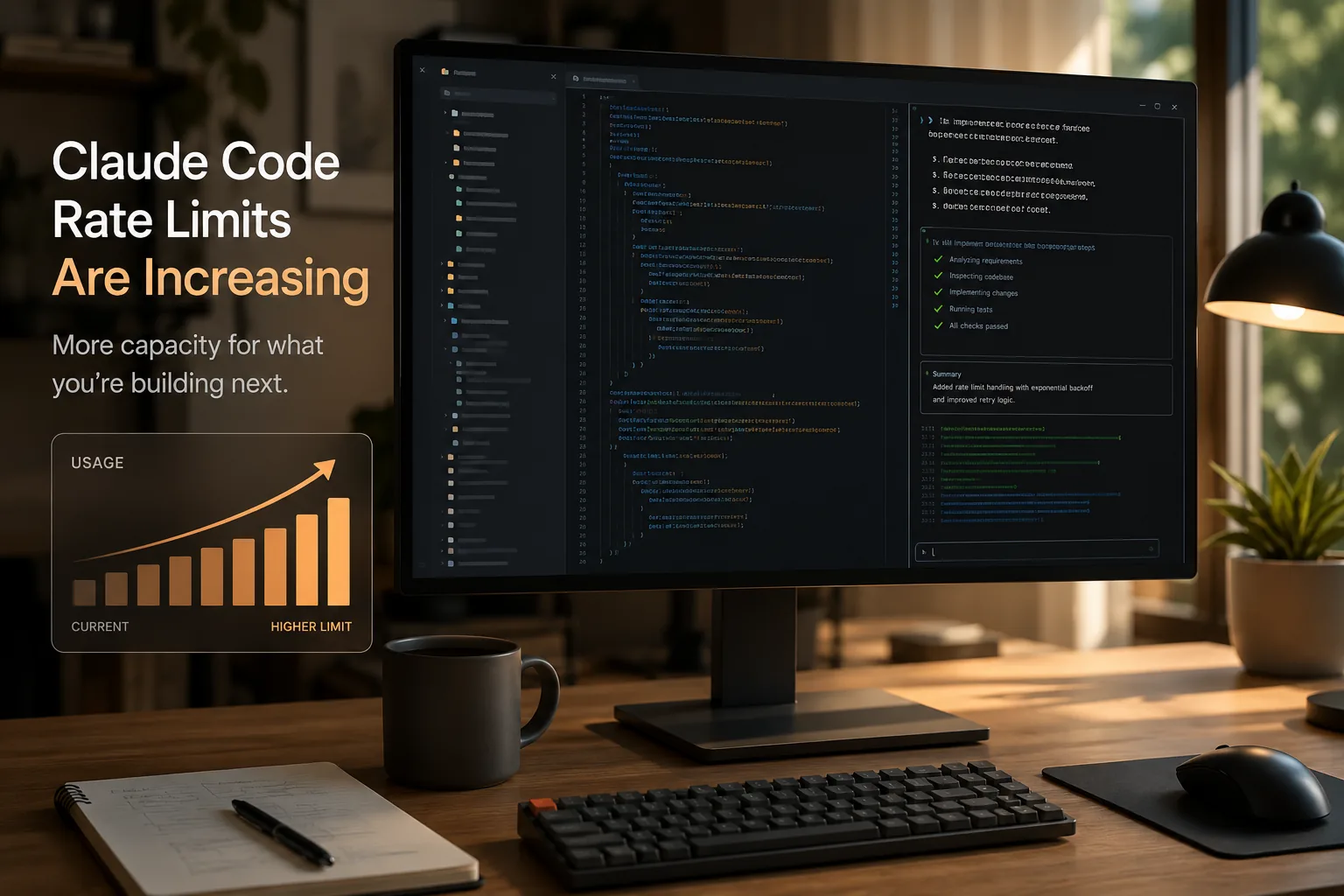 Claude Code terminal workflow with a usage meter showing higher coding-agent limits