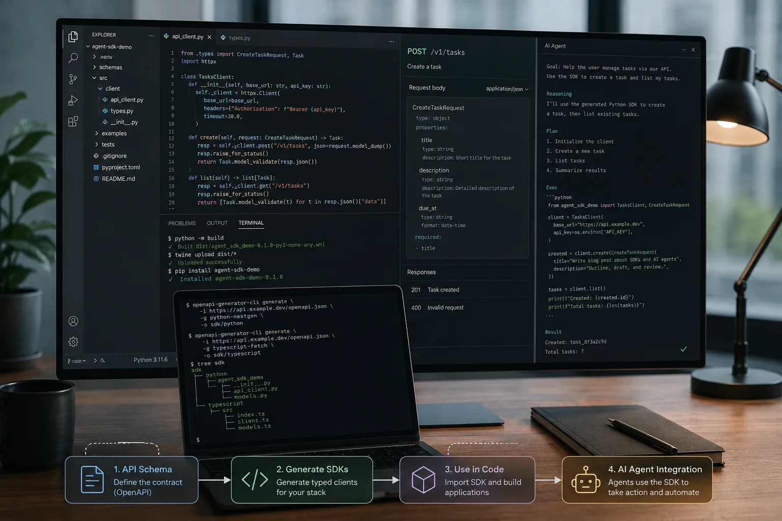 Generated SDK code and Claude agent workflow in an IDE