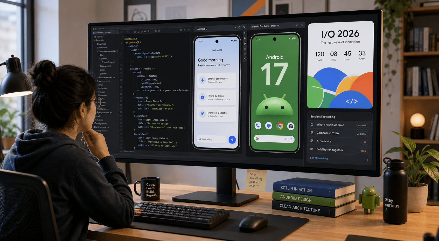 Developer workstation with Android 17 Beta 4 testing panels ahead of Google I/O 2026