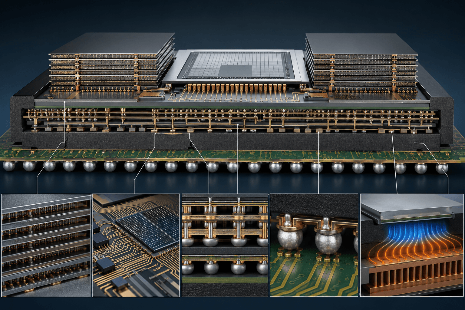 Advanced AI chip packaging with HBM memory stacks and interposer layers