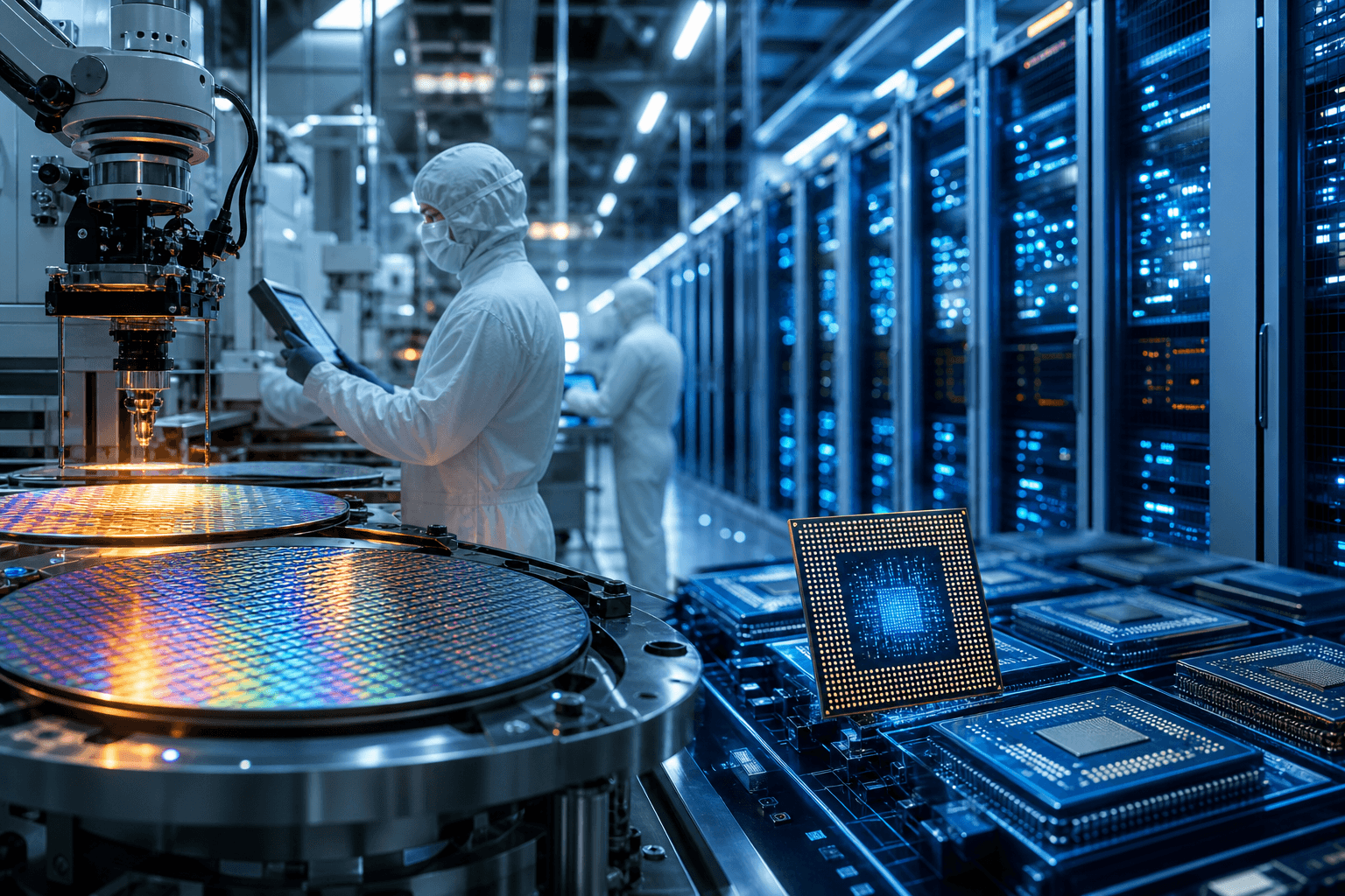 TSMC semiconductor manufacturing and AI chip supply chain illustration