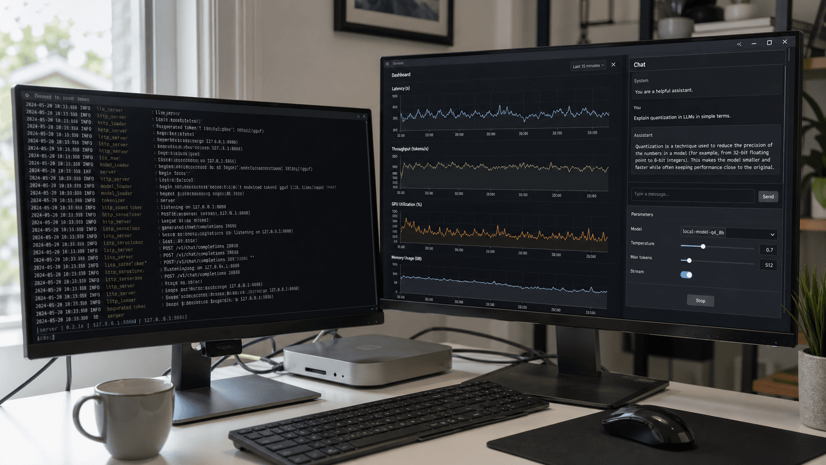 Local LLM setup with terminal and observability dashboard