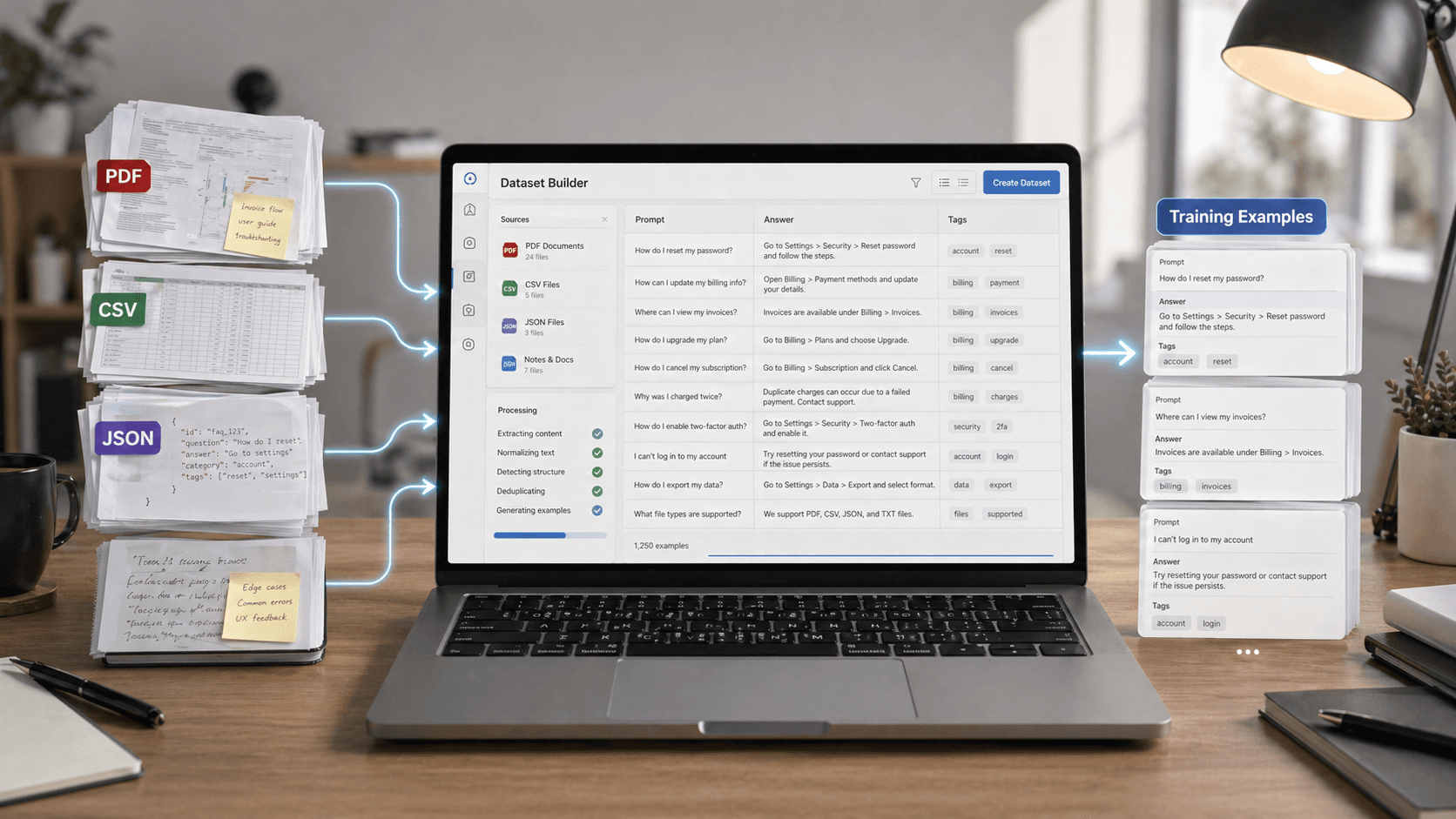 Local PDFs, CSVs, JSON files, and notes flowing into a dataset builder and training examples