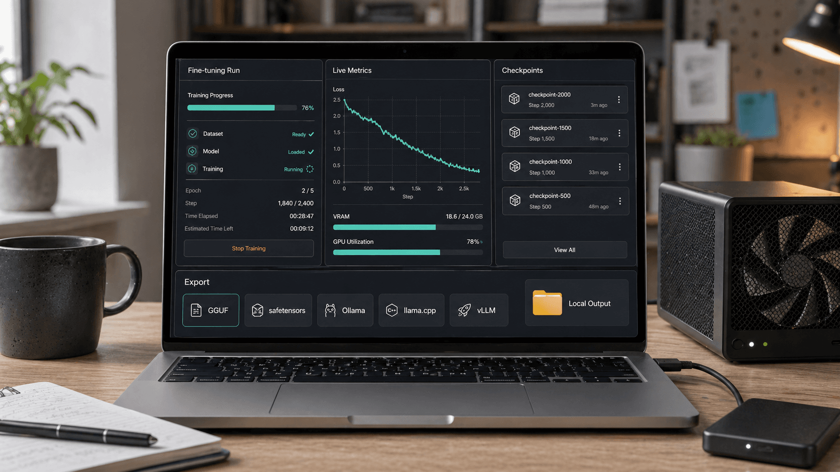 Local fine-tuning dashboard with live metrics, checkpoints, VRAM usage, and export options