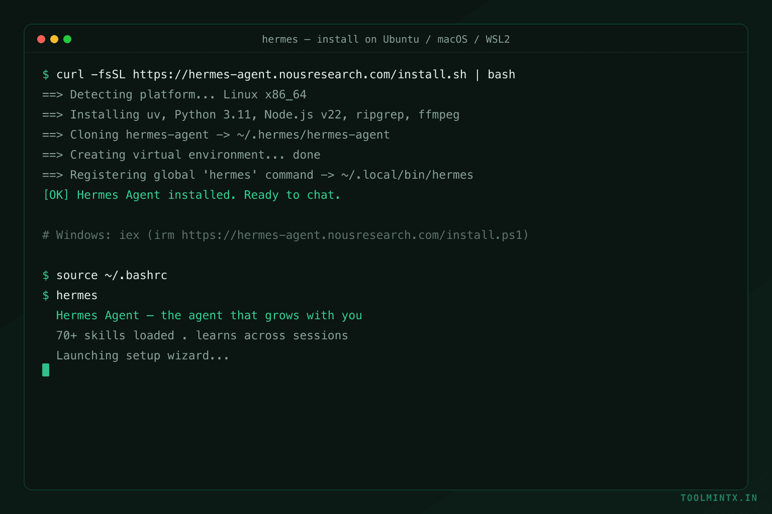 Terminal showing the one-line Hermes Agent installer running on Linux and finishing with a ready-to-chat prompt