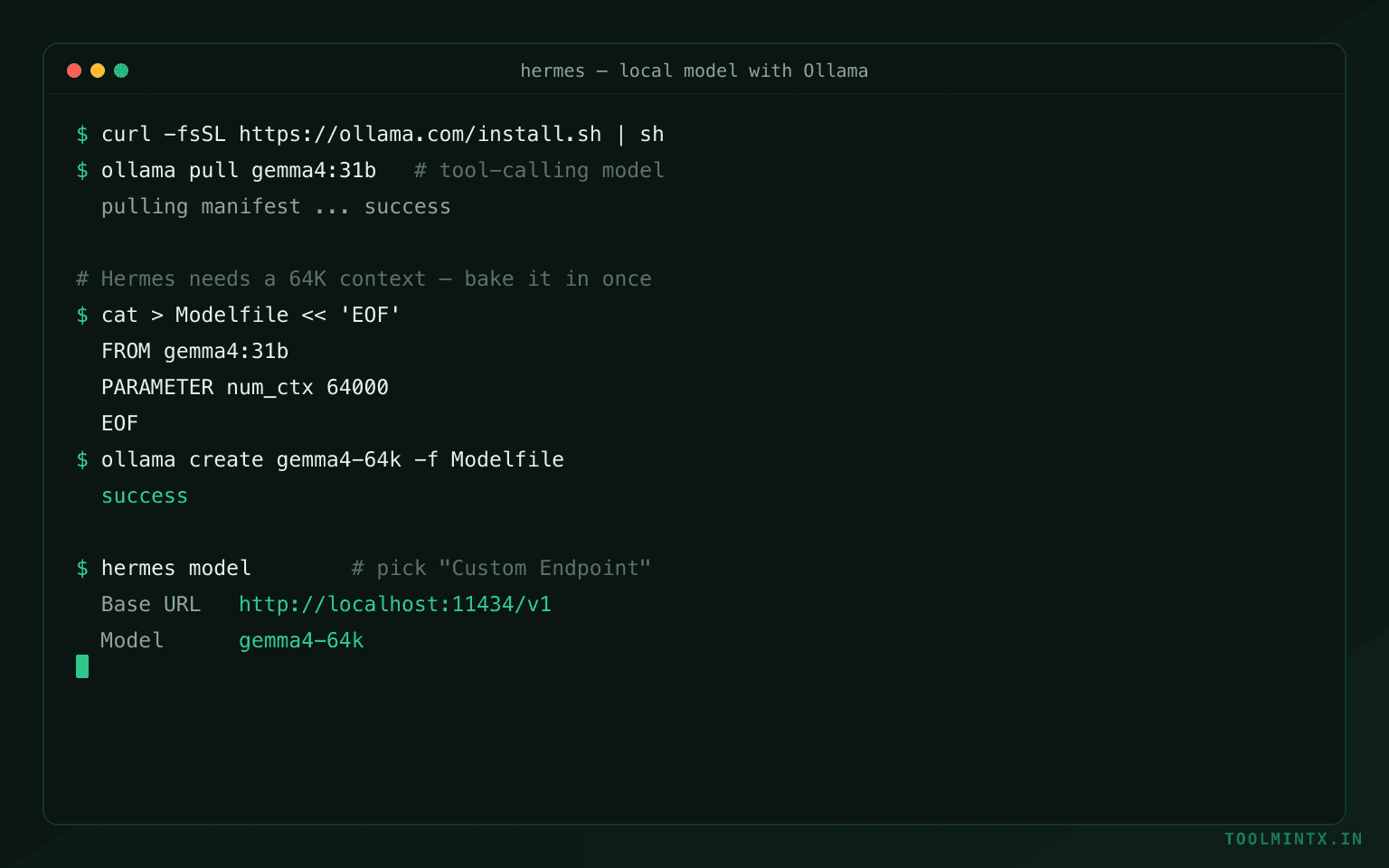 Pulling gemma4:31b, baking in a 64K context, and pointing Hermes at the local Ollama endpoint