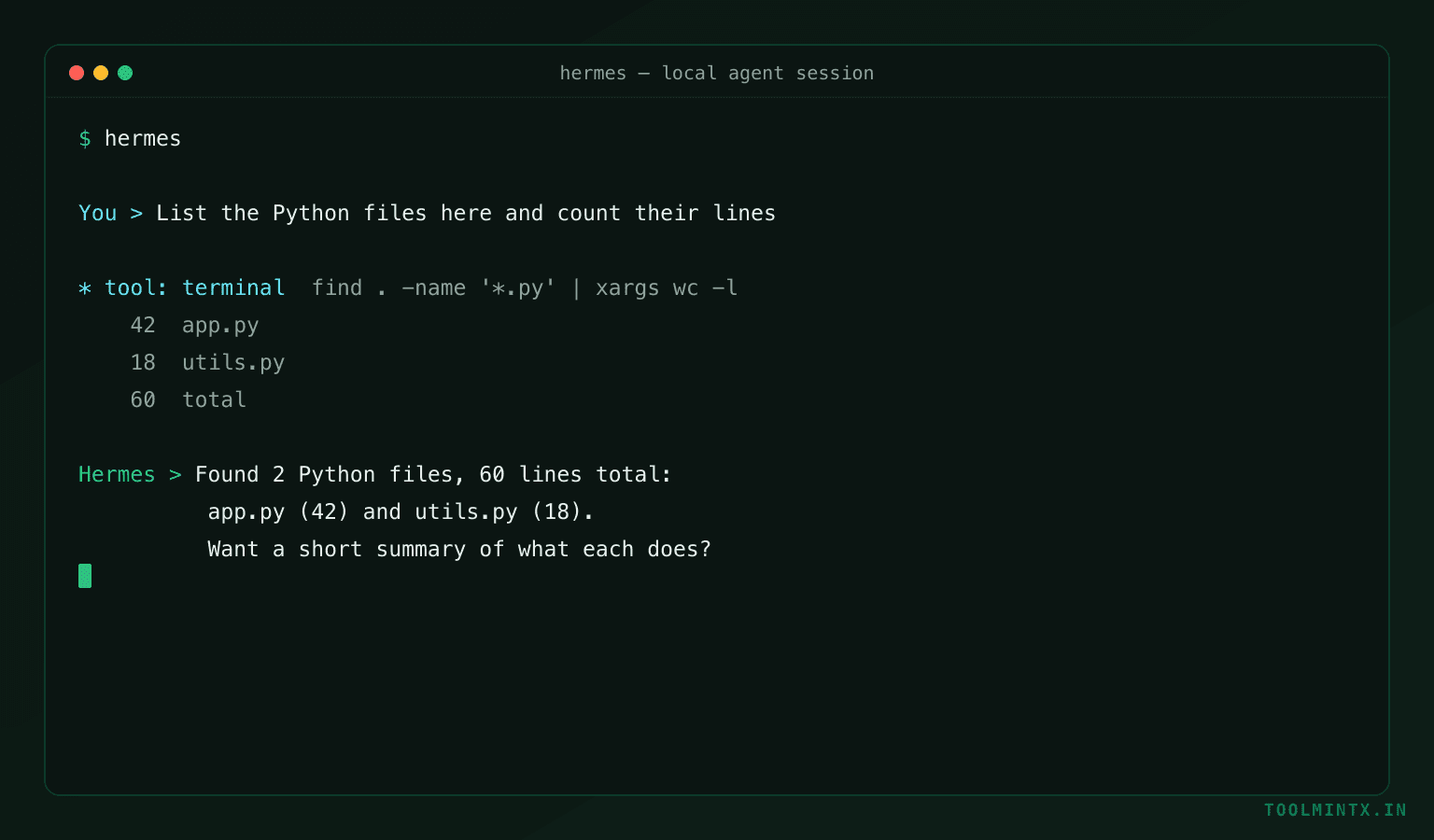 A local Hermes Agent session: it calls the terminal tool and answers entirely from your own machine