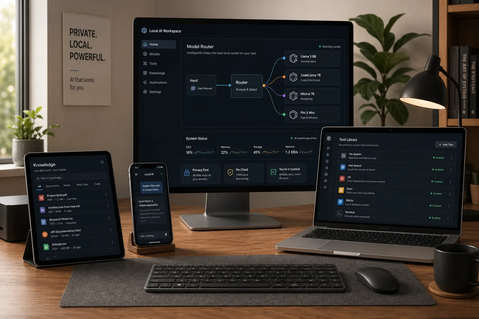 LM Studio local AI server workflow running across desktop and laptop devices