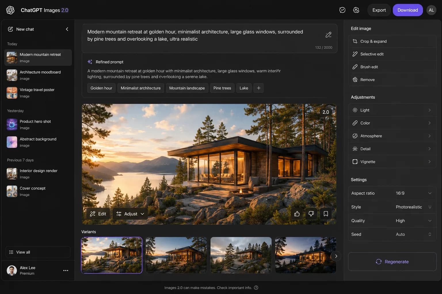 ChatGPT Images 2.0 image creation workspace with prompt and generated visual