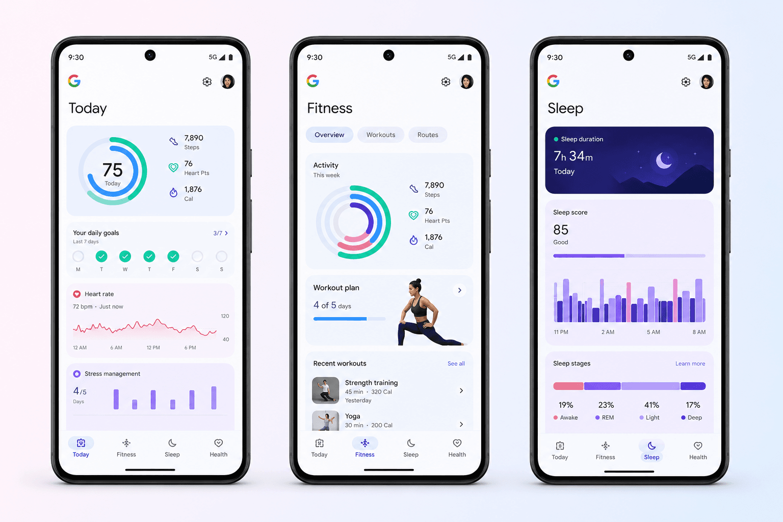 Google Health app four-tab layout with fitness, sleep, and health cards