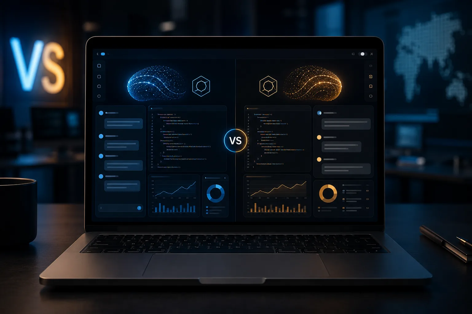 Split-screen GPT-5.5 and GPT-5.4 comparison workspace with chat, code, and analysis panels