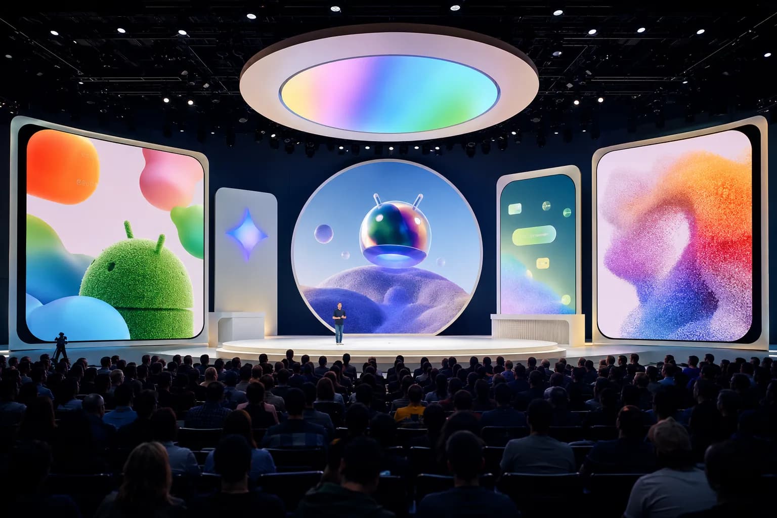 Futuristic Google I/O keynote stage with Android and Gemini announcement visuals