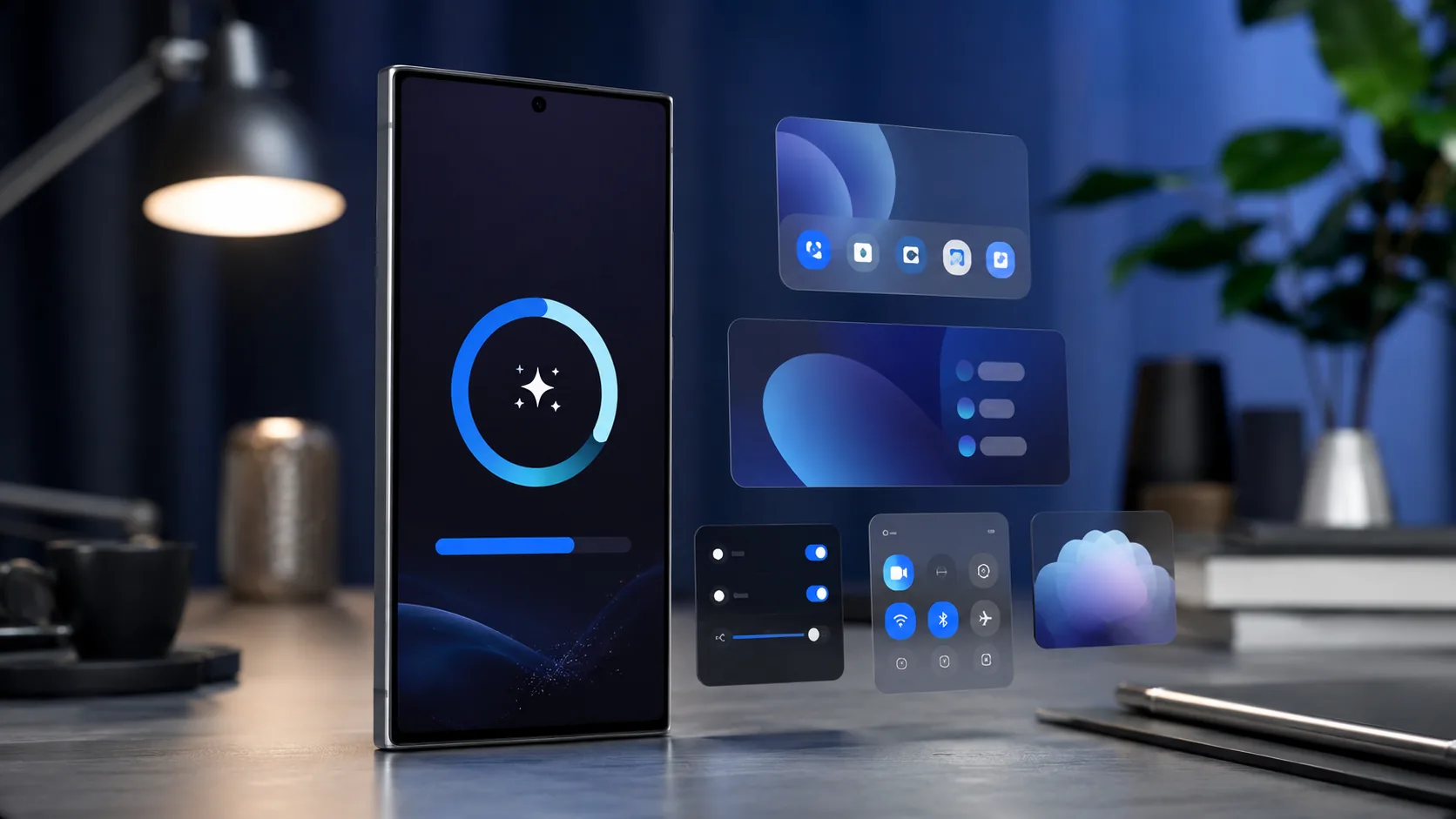 Galaxy phone showing Samsung One UI 8.5 software update with blue and graphite interface elements