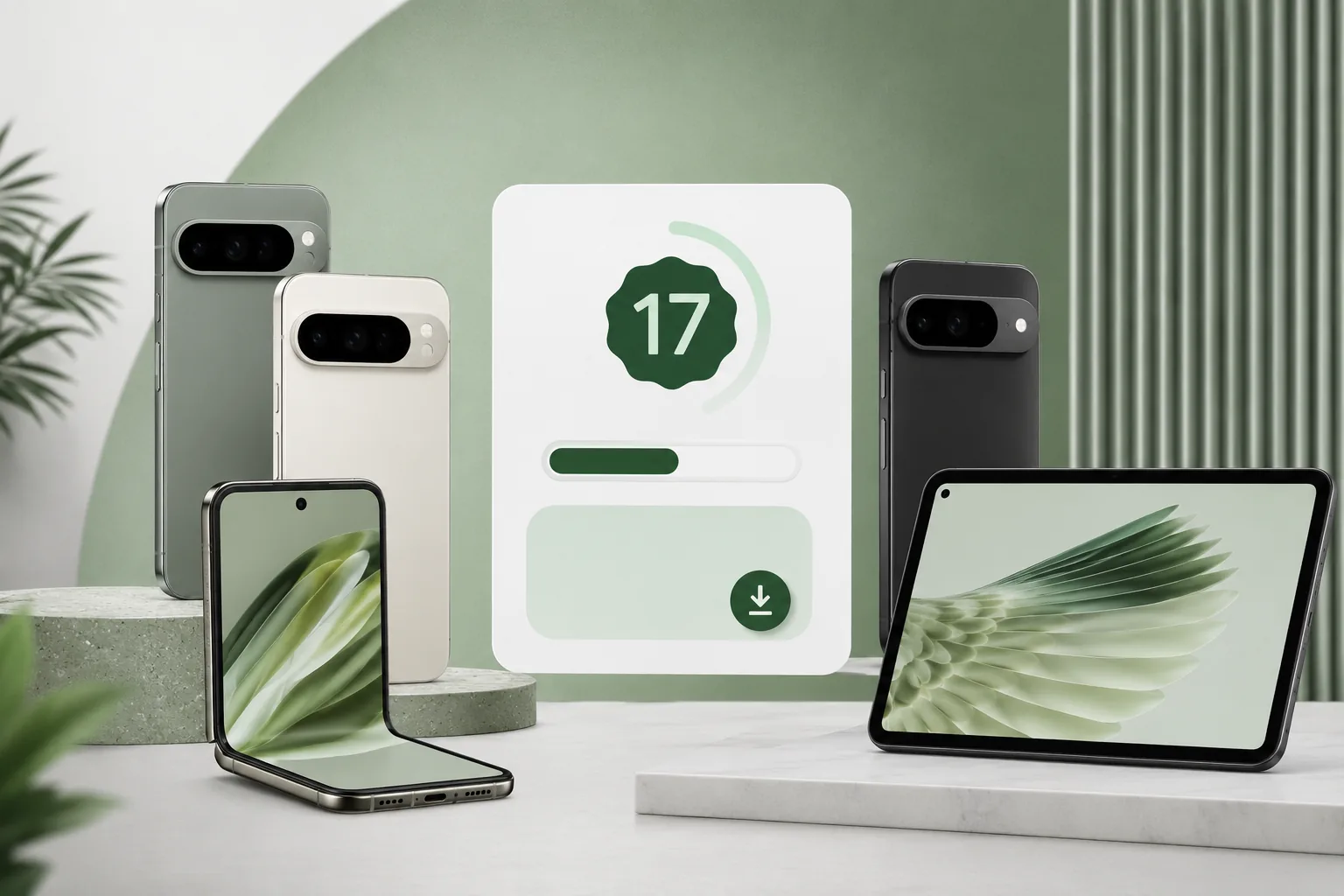 Pixel devices around an Android 17 QPR1 Beta 2 software update card