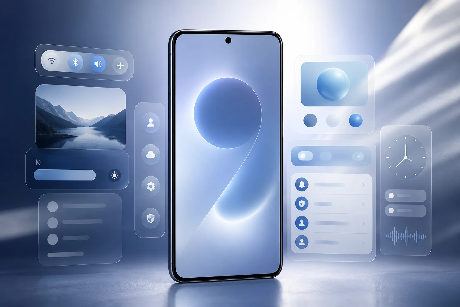 Galaxy S26 phone showing a One UI 9 beta update panel and interface cards
