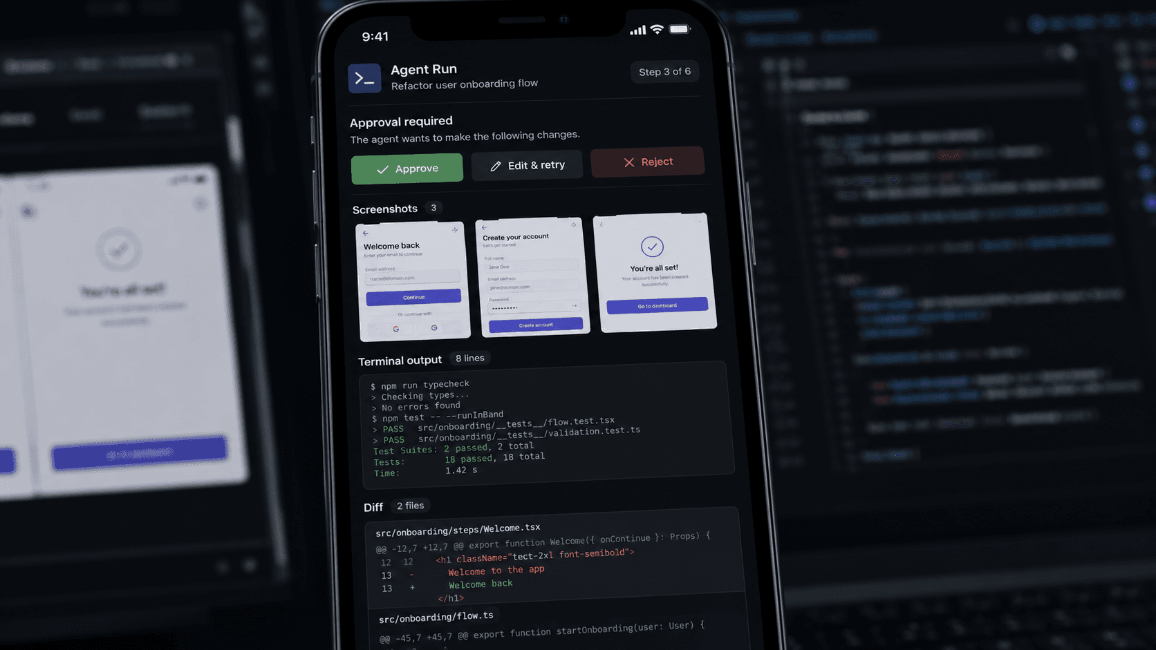 Codex mobile approval screen showing screenshots, terminal output, and diff review
