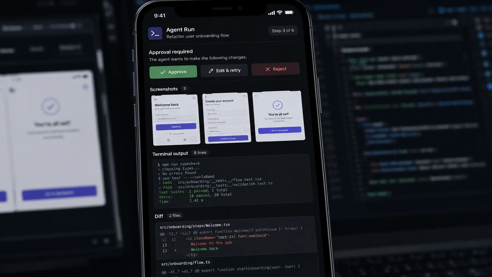 Codex mobile approval screen showing screenshots, terminal output, and diff review