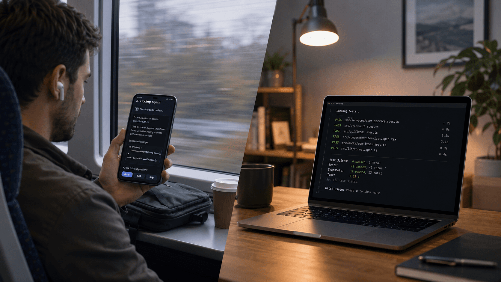 Developer steering a Codex remote coding thread from a phone while tests run on a Mac