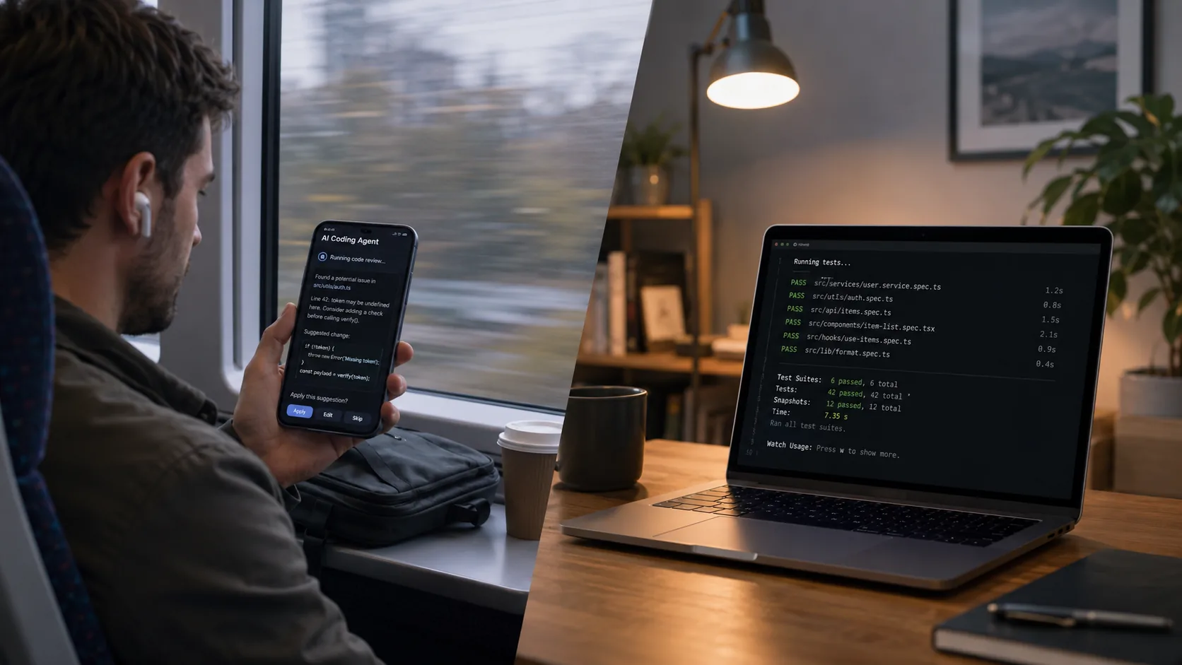 Developer steering a Codex remote coding thread from a phone while tests run on a Mac
