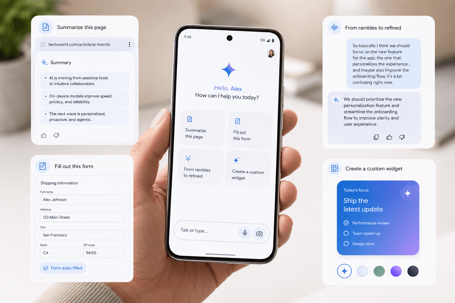 Premium Android phone showing Gemini Intelligence features for summaries, autofill, voice text, and widgets