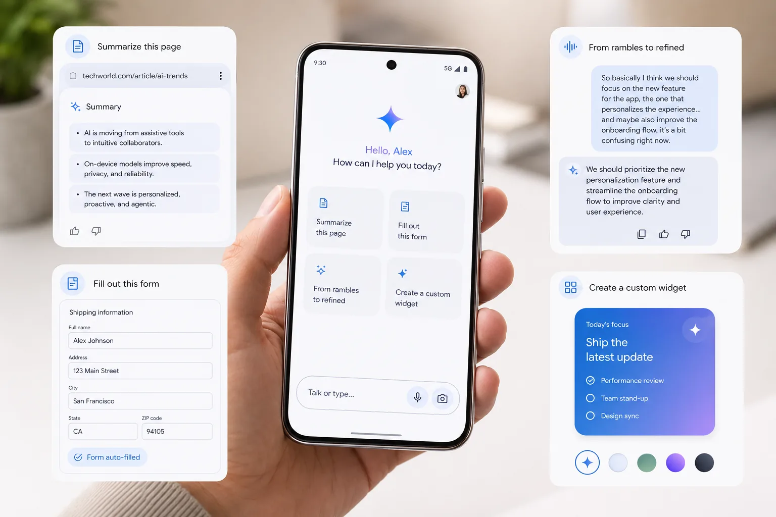 Premium Android phone showing Gemini Intelligence features for summaries, autofill, voice text, and widgets