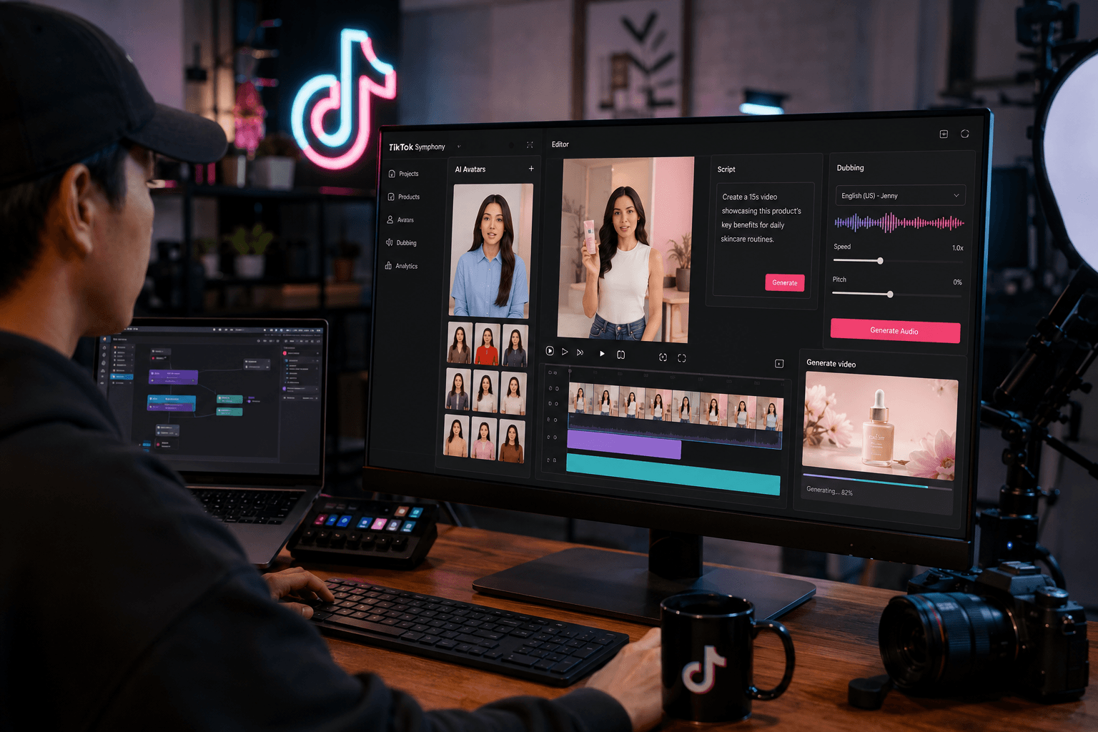 Creator desk with TikTok Symphony AI video editor, avatar tools, script prompts, dubbing controls, and product video panels