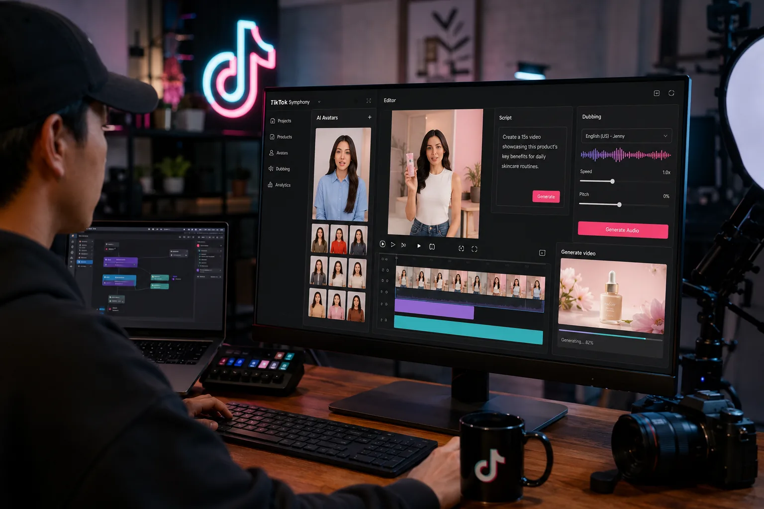 Creator desk with TikTok Symphony AI video editor, avatar tools, script prompts, dubbing controls, and product video panels