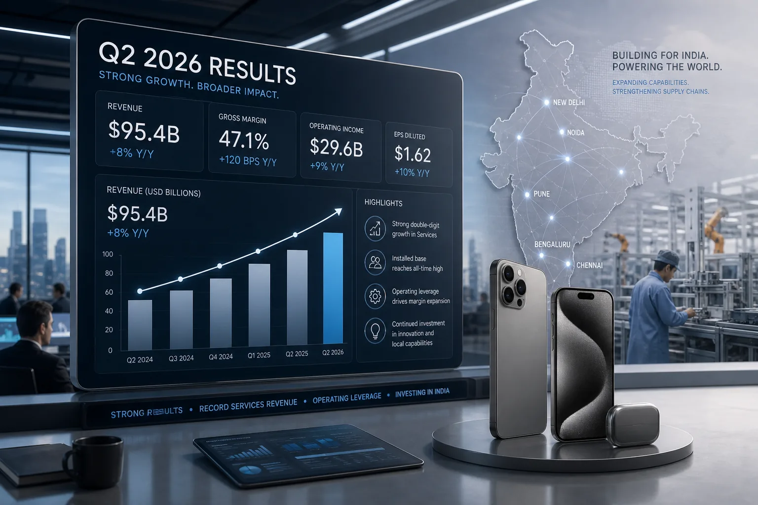 Apple Q2 2026 earnings dashboard with iPhone and Services growth signals