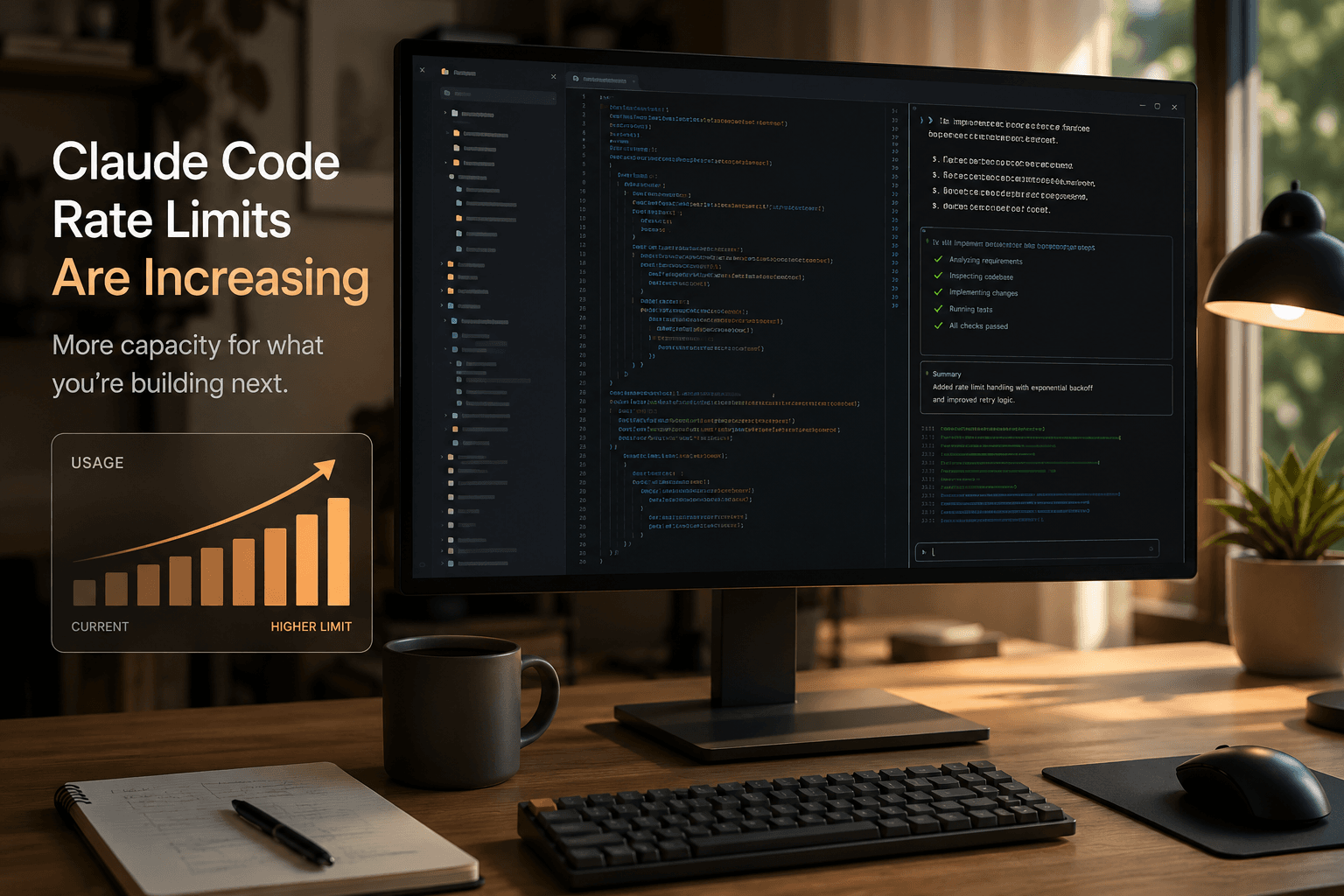 Claude Code terminal workflow with a usage meter showing higher coding-agent limits