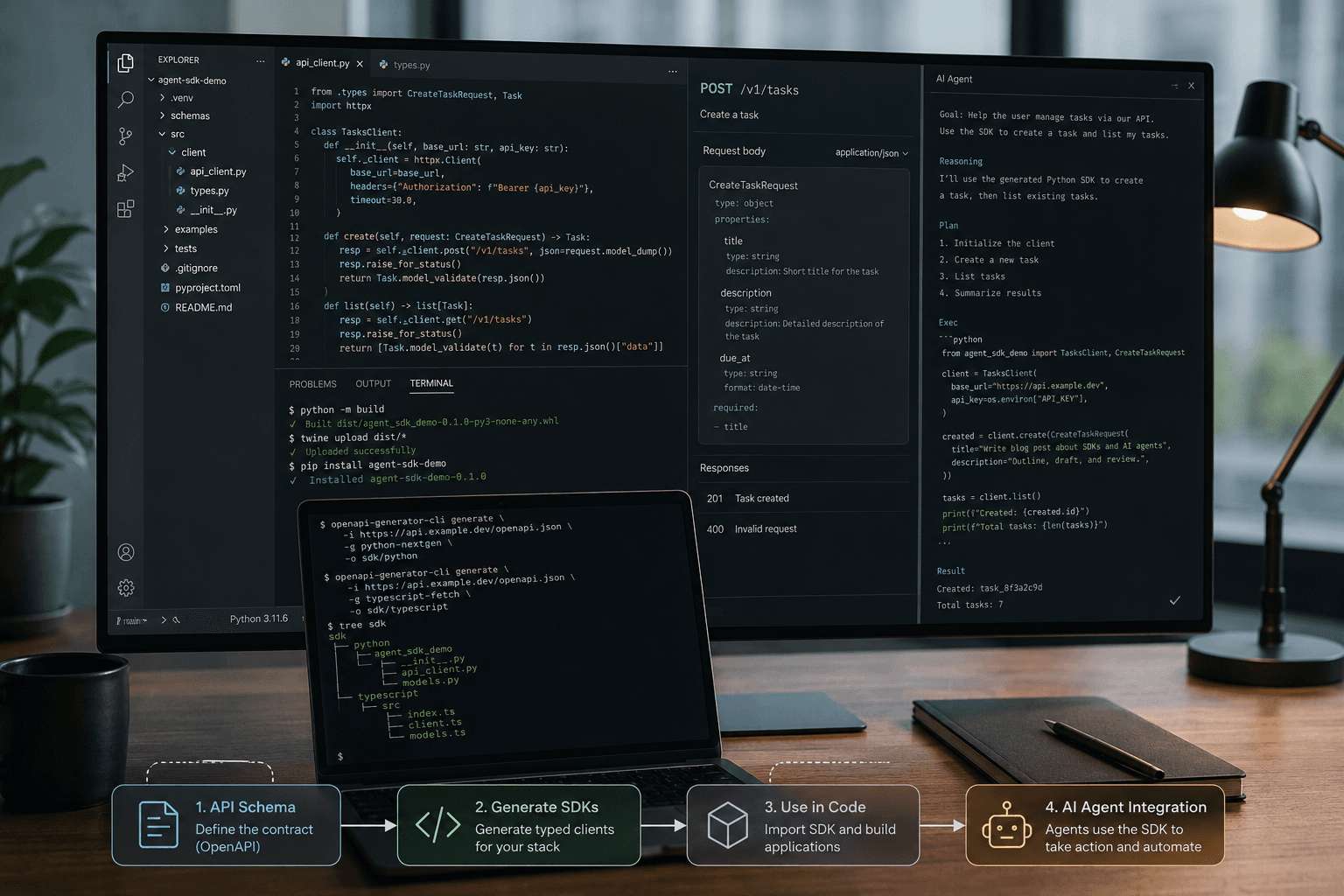 Generated SDK code and Claude agent workflow in an IDE