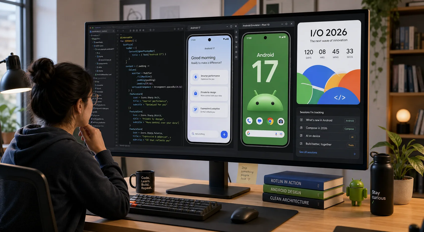 Developer workstation with Android 17 Beta 4 testing panels ahead of Google I/O 2026
