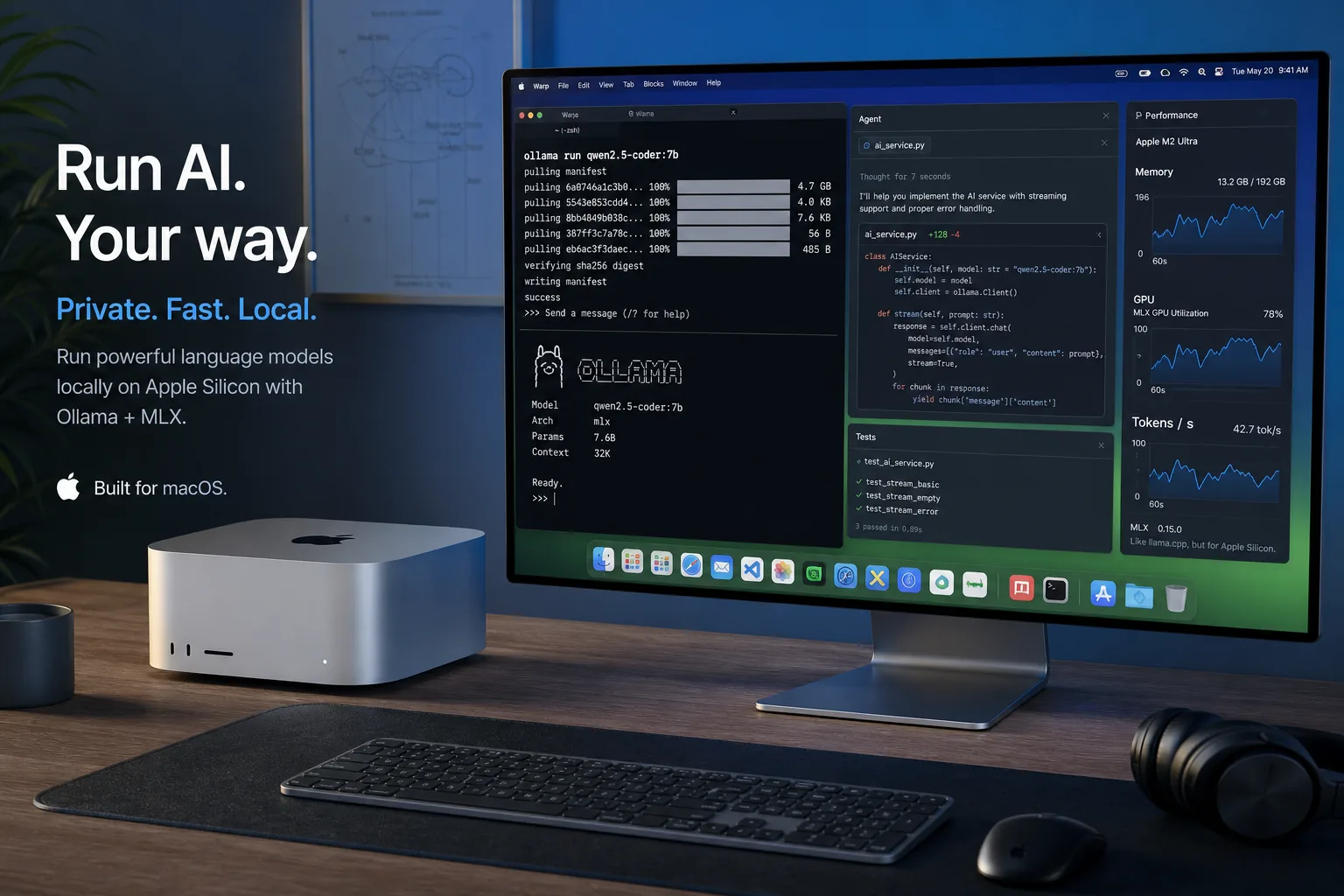 Apple Silicon workstation running Ollama with MLX acceleration for local coding agents