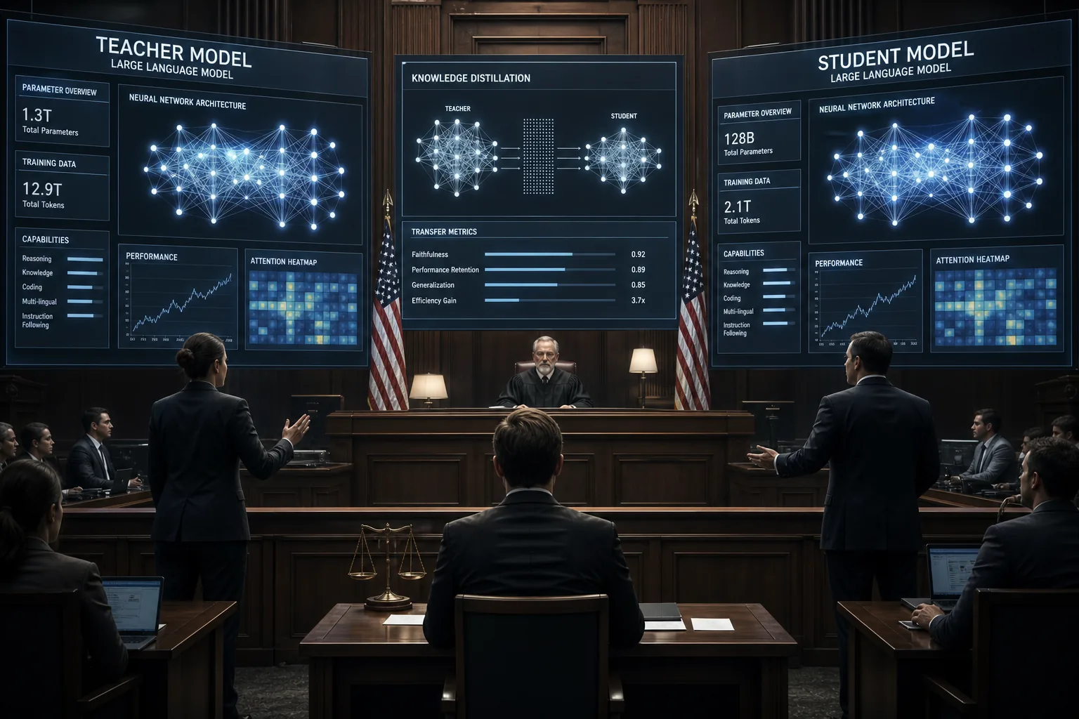 Model distillation explainer showing teacher and student AI systems in a courtroom-inspired tech scene
