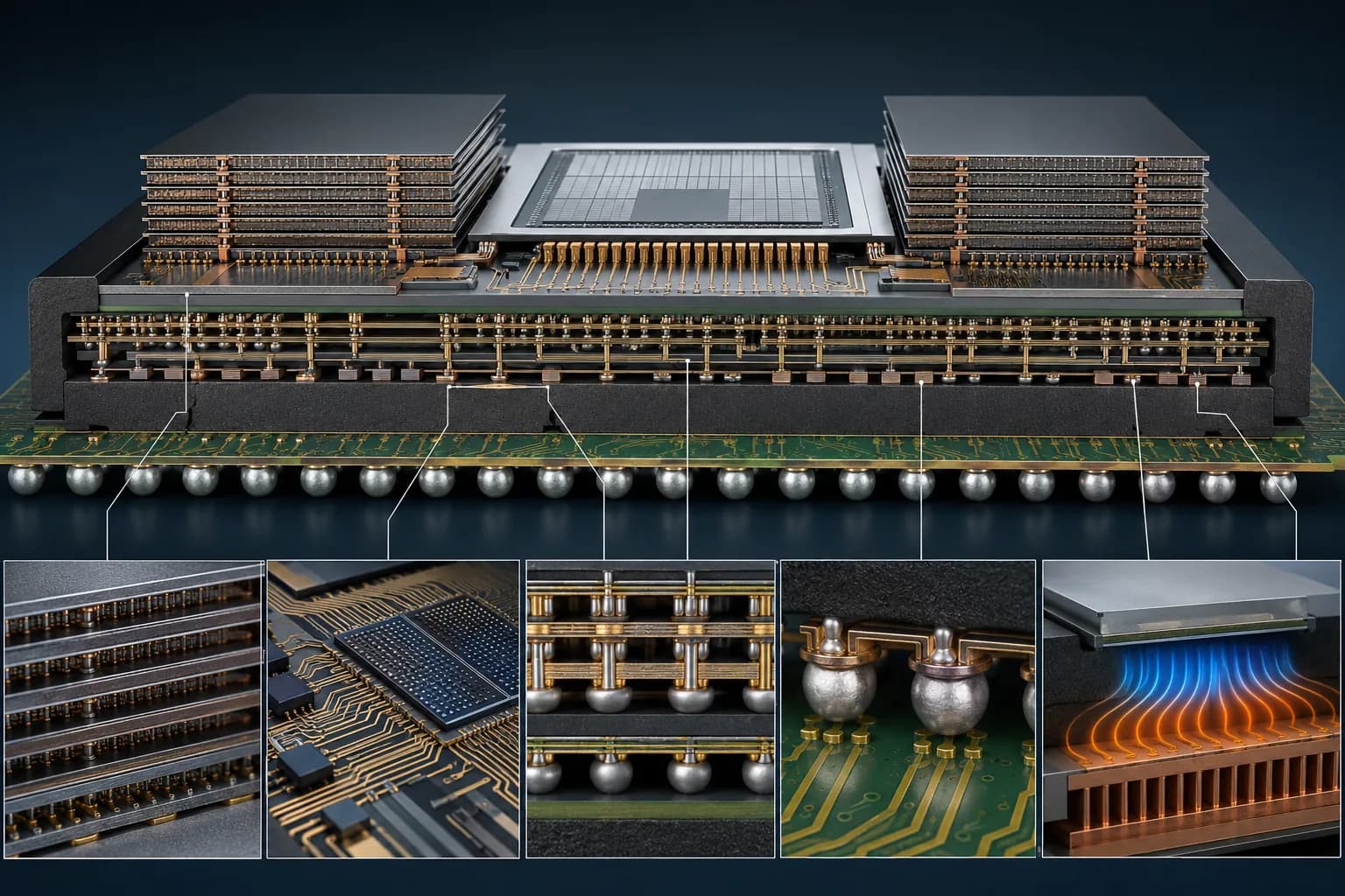 Advanced AI chip packaging with HBM memory stacks and interposer layers