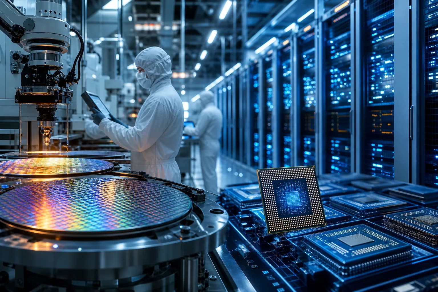 TSMC semiconductor manufacturing and AI chip supply chain illustration