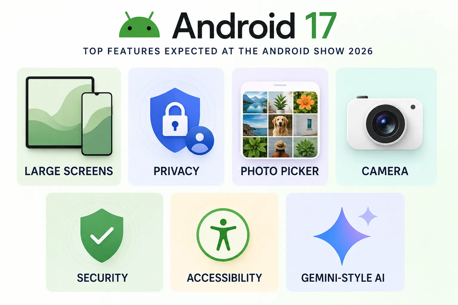 Android 17 feature grid for The Android Show 2026