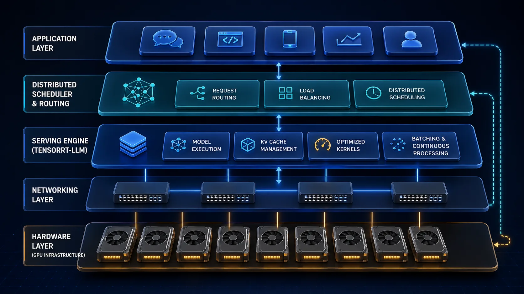 Layered inference stack from hardware to serving and routing